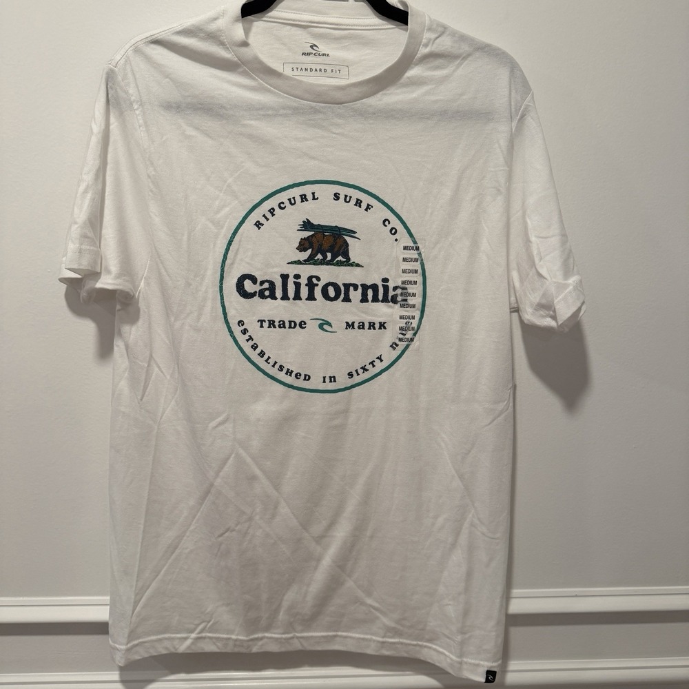 Rip Curl Men's T-Shirt Size M White California‎ Bear Graphic Standard Fit